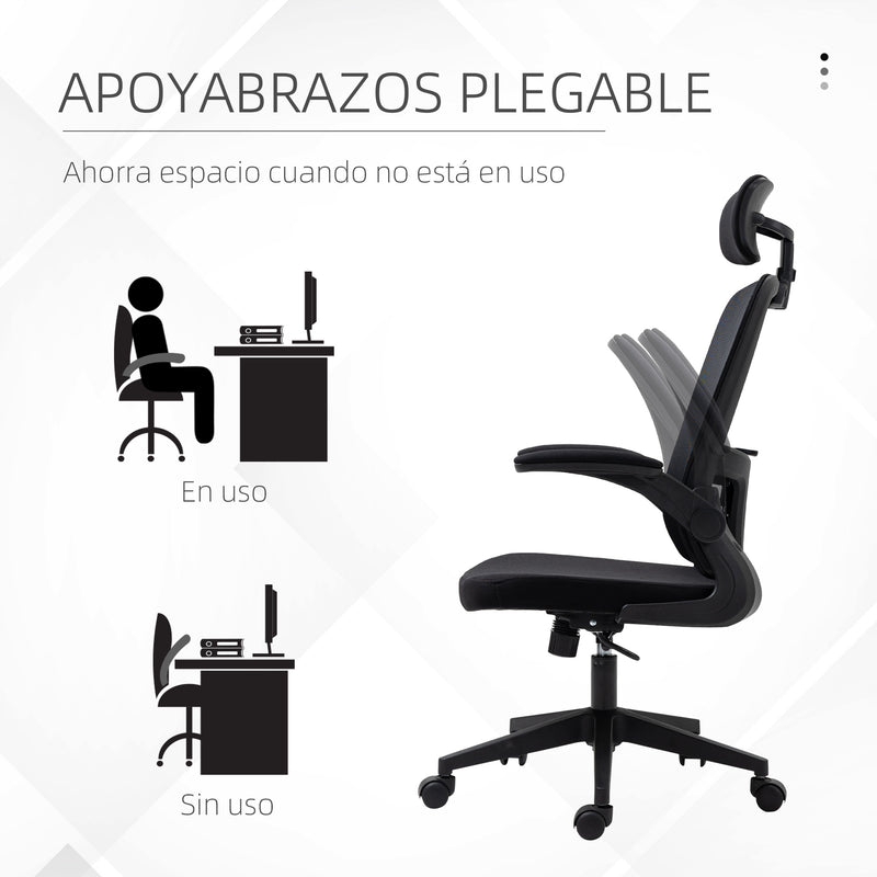 Cadeira de Escritório de Malha Ergonómica Cadeira de Escritório com Altura Ajustável Apoio para os Braços Dobrável Apoio para a Cabeça e Suporte Lombar Ajustáveis 65x64x114-122cm Preto