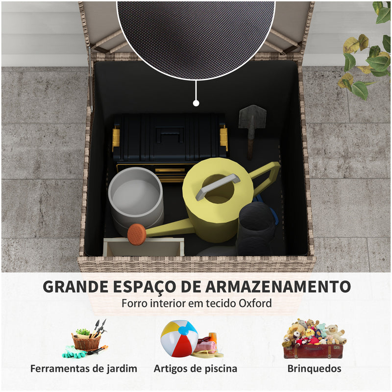 Baú de Armazenamento de Vime Sintético 75x75x70 cm Baú de Exterior com Haste de Ar e Estrutura de Aço Carga 50 kg Cáqui