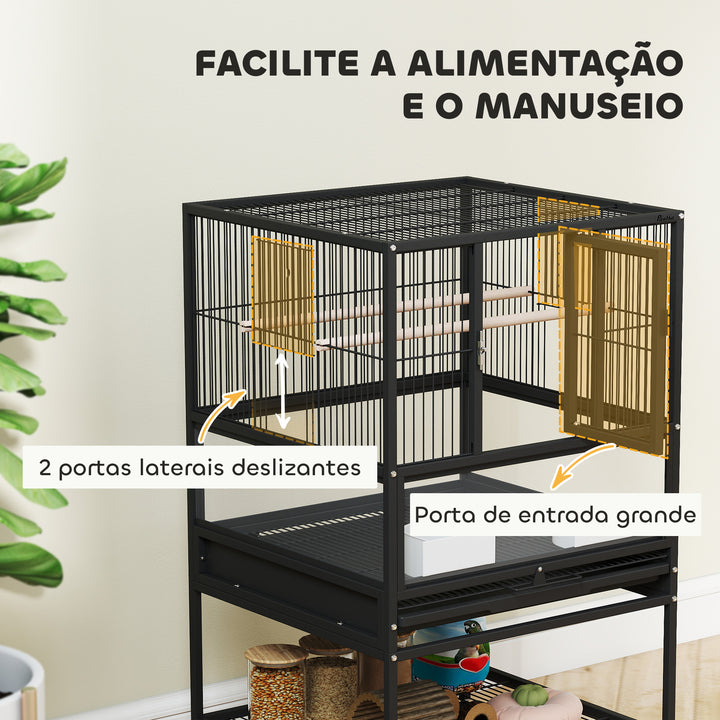 Gaiola para Pássaros Gaiola Grande com Rodas Painéis Acrílicos Comedouros Poleiros Prateleira Bandeja Amovível Gaiola para Papagaios Canários 48x46x83 cm Preto