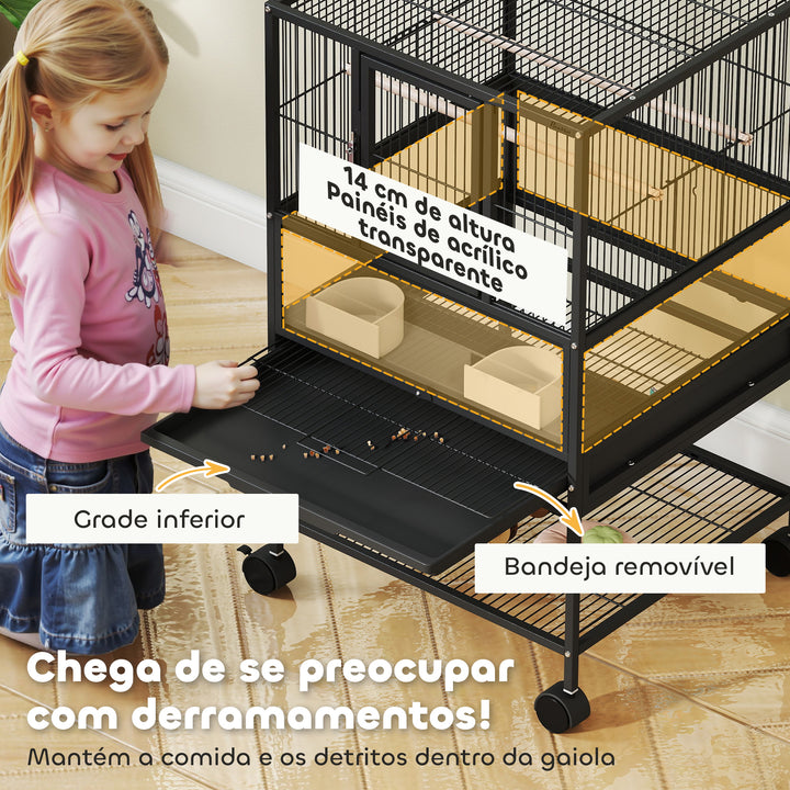 Gaiola para Pássaros Gaiola Grande com Rodas Painéis Acrílicos Comedouros Poleiros Prateleira Bandeja Amovível Gaiola para Papagaios Canários 48x46x83 cm Preto