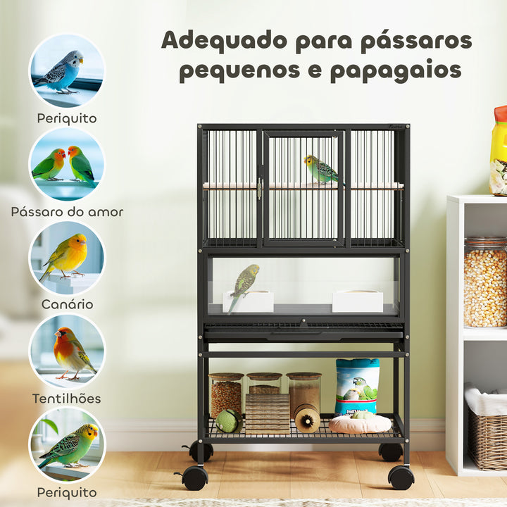 Gaiola para Pássaros Gaiola Grande com Rodas Painéis Acrílicos Comedouros Poleiros Prateleira Bandeja Amovível Gaiola para Papagaios Canários 48x46x83 cm Preto