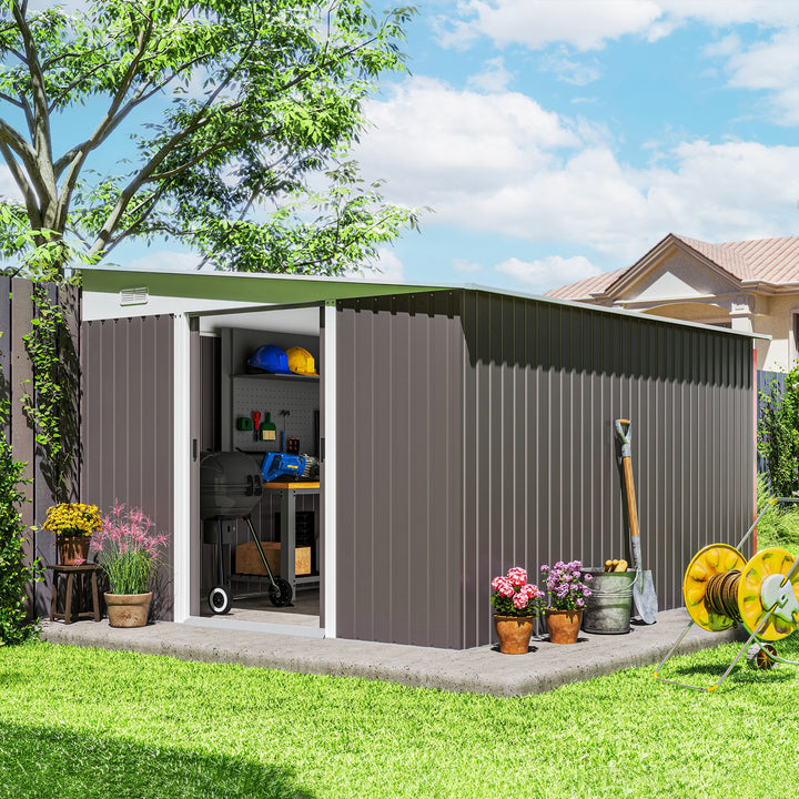 Abrigo de Jardim 280x345x201 cm 8,9 m² Abrigo de Exterior de Aço para Armazenamento de Ferramentas com Portas e 2 Janelas Cinza