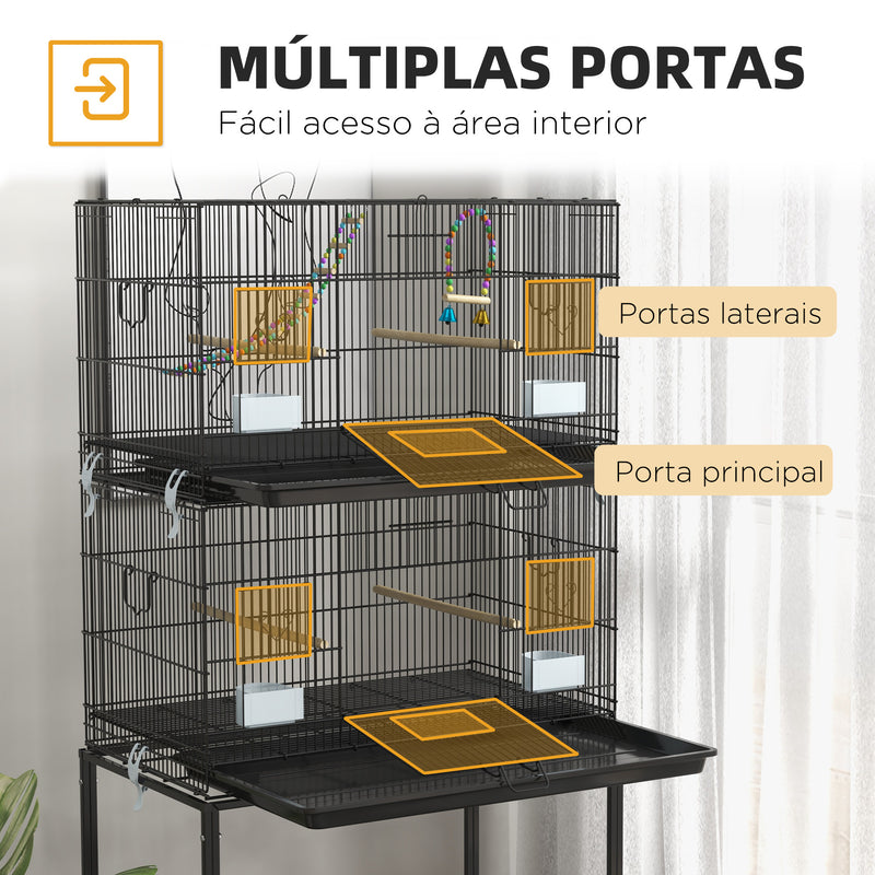 Gaiola Dupla e Empilhável para Pássaros 77x46x164 cm Gaiola de Metal para Pássaros com Rodas Poleiros Bandeja Amovível Comedouros Baloiço e Escada para Periquitos Canários Preto