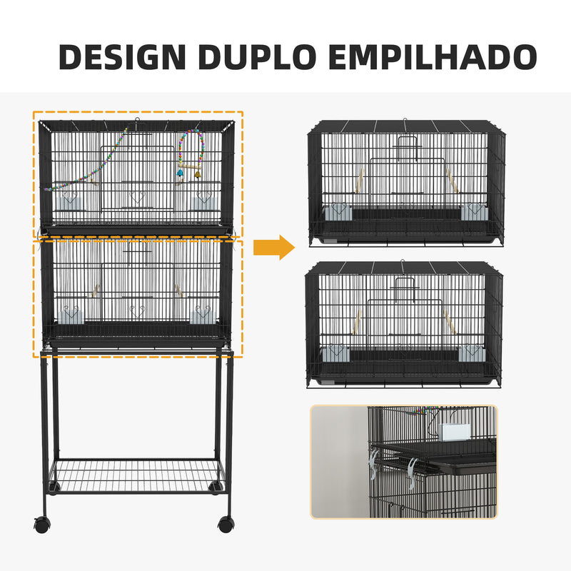 Gaiola Dupla e Empilhável para Pássaros 77x46x164 cm Gaiola de Metal para Pássaros com Rodas Poleiros Bandeja Amovível Comedouros Baloiço e Escada para Periquitos Canários Preto