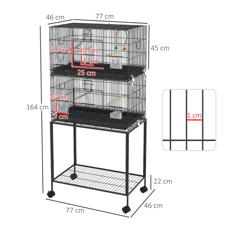 Gaiola Dupla e Empilhável para Pássaros 77x46x164 cm Gaiola de Metal para Pássaros com Rodas Poleiros Bandeja Amovível Comedouros Baloiço e Escada para Periquitos Canários Preto