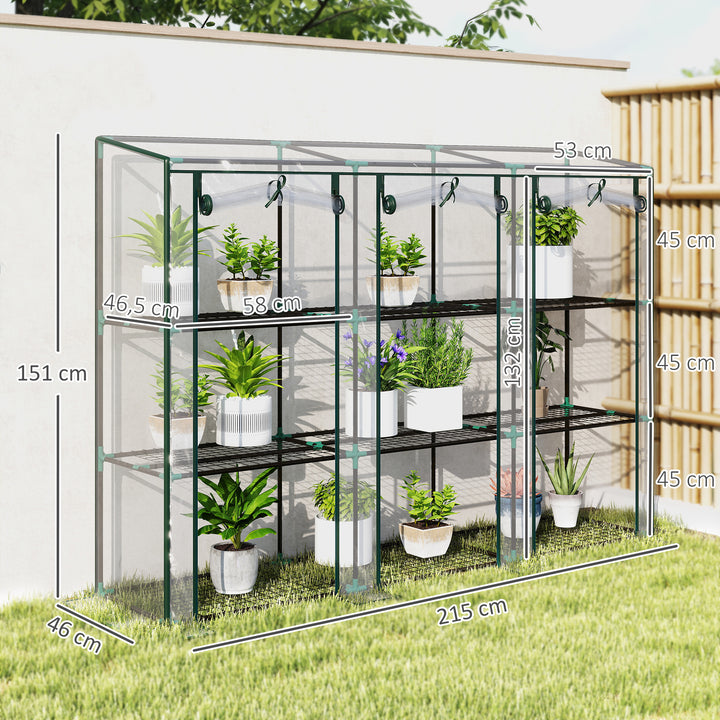 Estufa Pequena Estufa de Exterior com Prateleiras de 3 Níveis Portas com Fecho de Correr e Estrutura de Aço Estufa para Cultivar Plantas Flores 215x46x151 cm Transparente