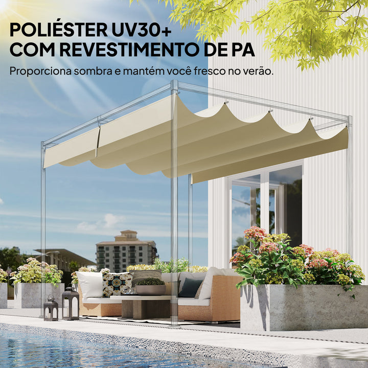 Teto de Pérgola 3,92 x 3,5 m Teto de Substituição Retrátil para Estrutura de Pérgola de 4x3 m, UV30+ Toldo de Tecido Apenas para Jardim com 8 Orifícios de Drenagem Creme