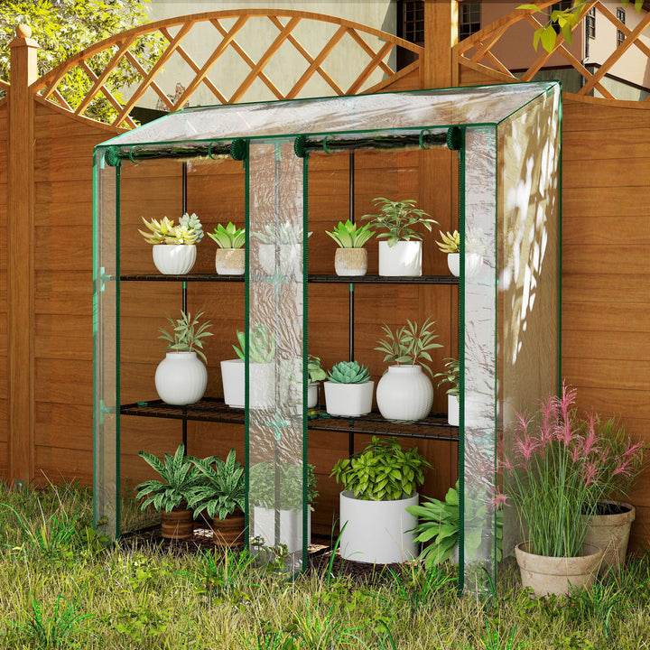 Estufa de Jardim de 3 Níveis Estufa de Terraço com Prateleiras Teto Inclinado e 2 Portas com Fecho de Correr para Cultivo de Plantas em Pátio 143x46x141/151 cm Transparente