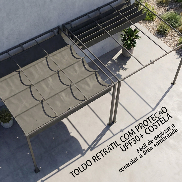 Pérgola de Parede para Jardim 3x3 m Pérgola de Jardim com Teto Retrátil Proteção UPF30+ Orifícios de Drenagem e Estrutura de Aço Pérgola para Terraço Exterior Cinzento Escuro