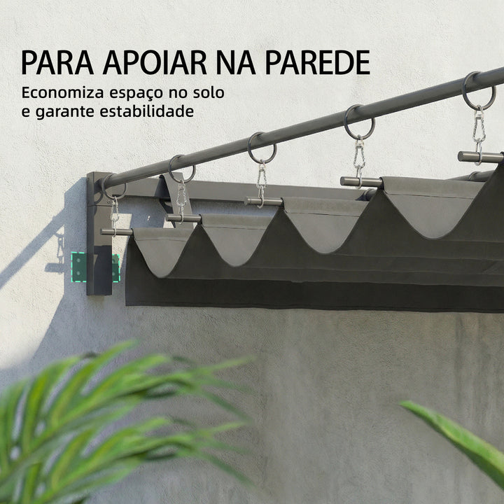Pérgola de Parede para Jardim 3x3 m Pérgola de Jardim com Teto Retrátil Proteção UPF30+ Orifícios de Drenagem e Estrutura de Aço Pérgola para Terraço Exterior Cinzento Escuro