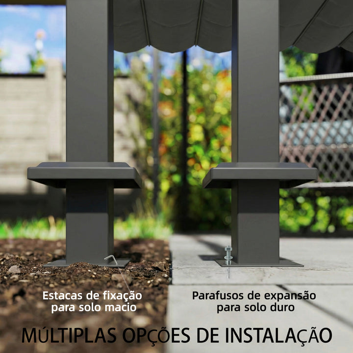 Pérgola de Parede para Jardim 3x3 m Pérgola de Jardim com Teto Retrátil Proteção UPF30+ Orifícios de Drenagem e Estrutura de Aço Pérgola para Terraço Exterior Cinzento Escuro