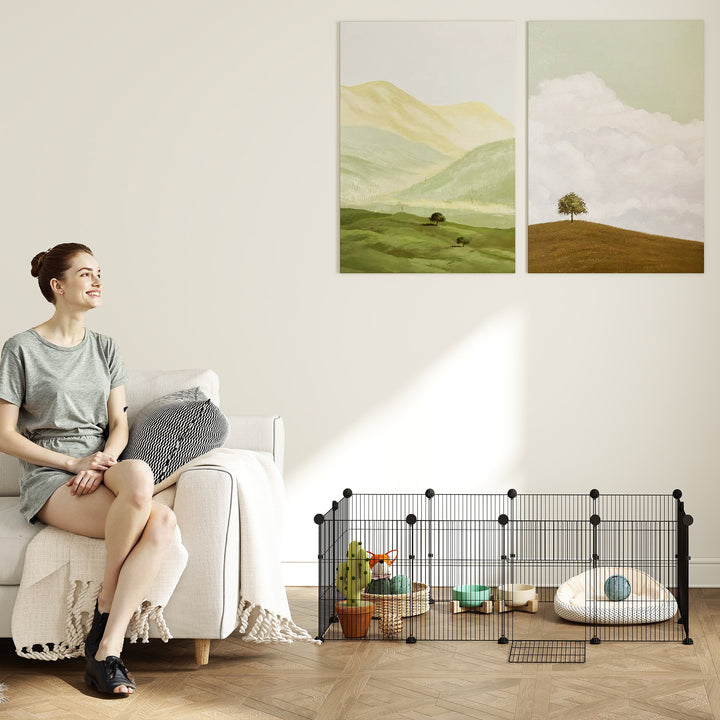 Gaiola Metálica Modular 12 Painéis para Pequenos Animais Forma Personalizável com Tapete Impermeável Parque para Porquinhos-da-Índia e Ouriços 120x60x40 cm Preto