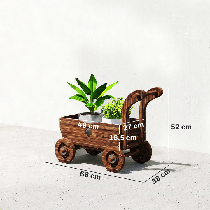 Carrinho de Madeira Decorativo Vaso Elevado com 4 Rodas Pega Orifícios de Drenagem Vaso Exterior para Plantas e Flores 68x38x52 cm Carbonizado