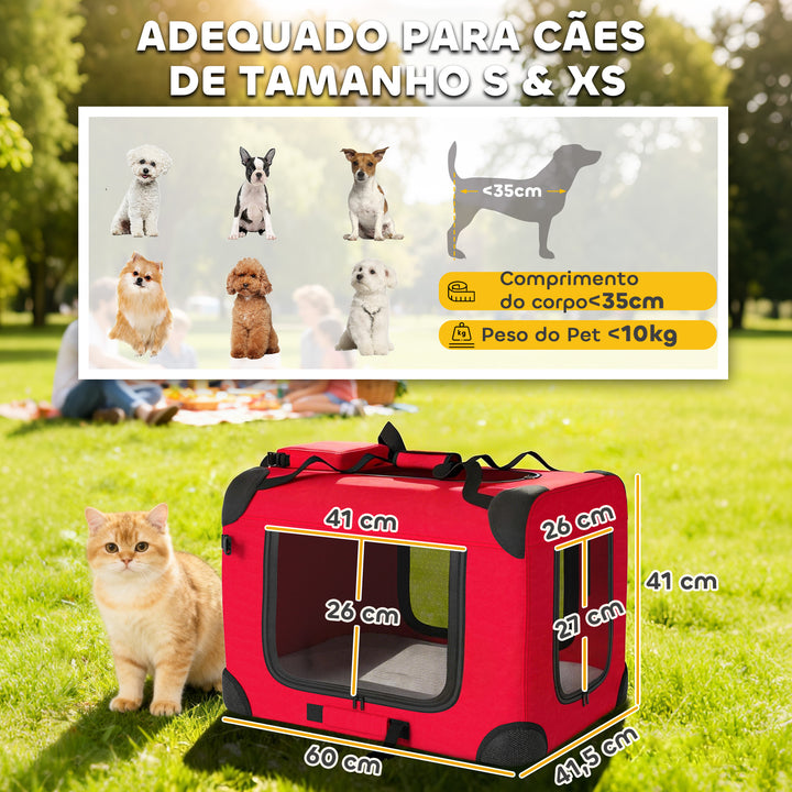 Transportadora Dobrável para Cães 60x41,5x41 cm com Janelas de Rede Almofada Macia e 2 Alças Bolsa para Mini Cães e Gatos Vermelho