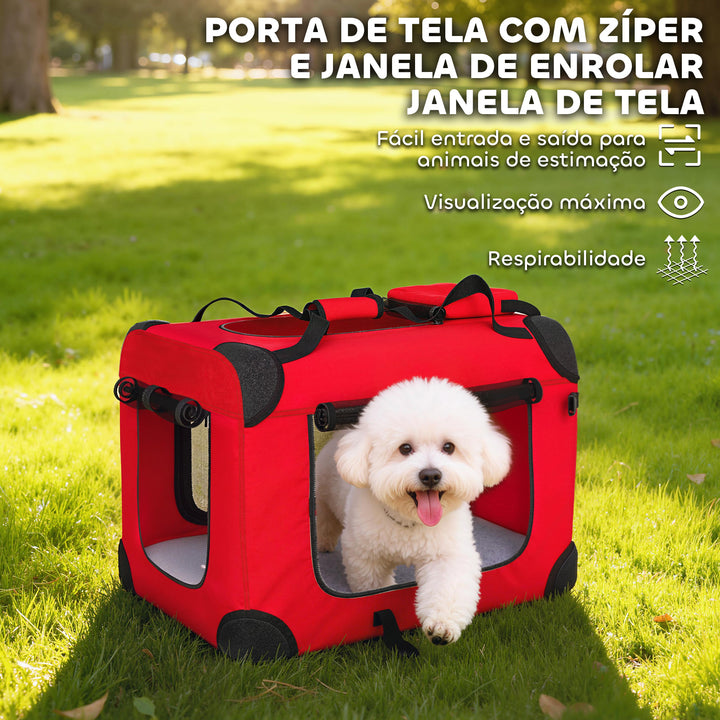 Transportadora Dobrável para Cães 60x41,5x41 cm com Janelas de Rede Almofada Macia e 2 Alças Bolsa para Mini Cães e Gatos Vermelho
