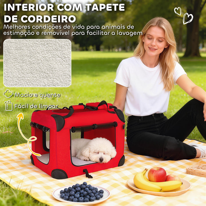 Transportadora Dobrável para Cães 60x41,5x41 cm com Janelas de Rede Almofada Macia e 2 Alças Bolsa para Mini Cães e Gatos Vermelho