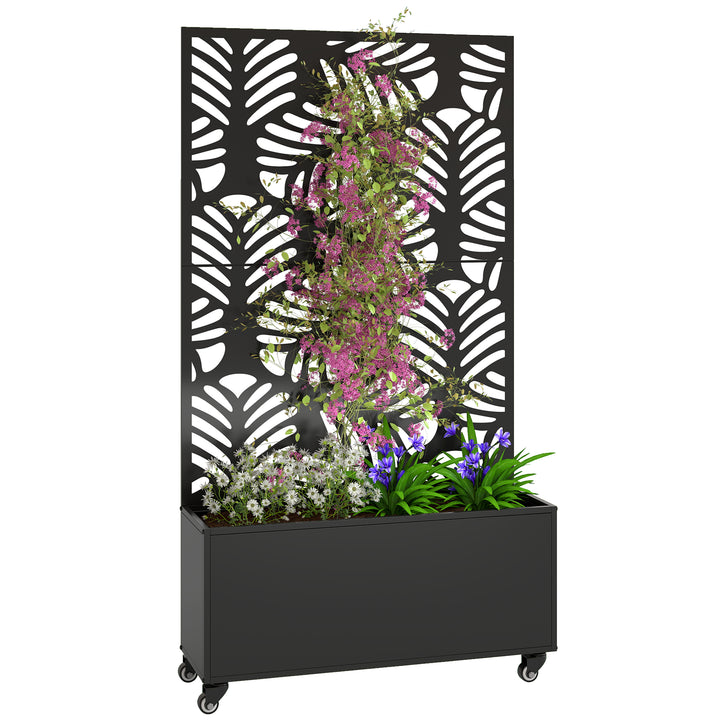 Floreira Exterior Grande de Metal com Roda Floreira com Painel de Privacidade com Folhas de Monstera Floreira com Suporte para Trepadeiras Pátio Terraço 90x30x160 cm, Preto