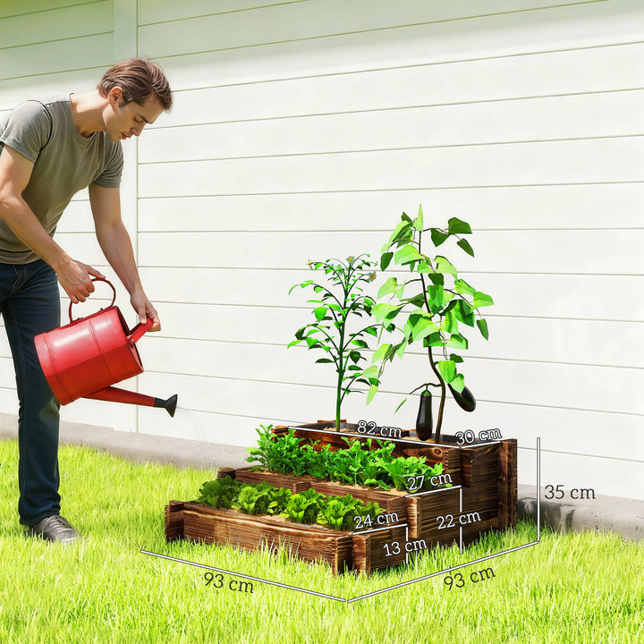 Caixa de Plantio de Madeira de 3 Níveis Horta Vertical em Escada com Malha Geotextil para Cultivos de Plantas Flores para Jardim Terraço Exterior 93x93x35 cm Carbonizado