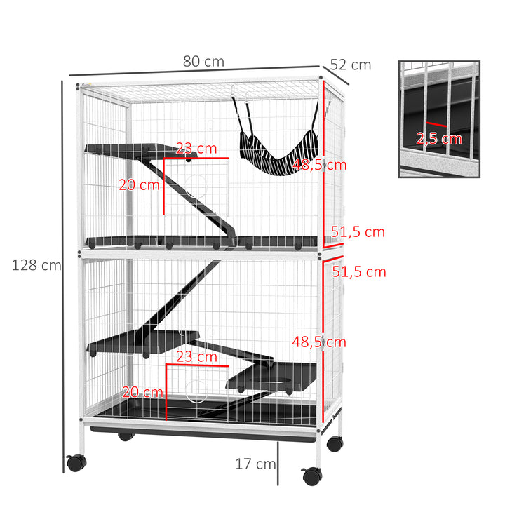 Gaiola para Roedores 80x52x128 cm Casa de 4 Alturas com Rampas Suspensa Rede Bandeja Removível Rodas Portas Branco Rajado e Preto