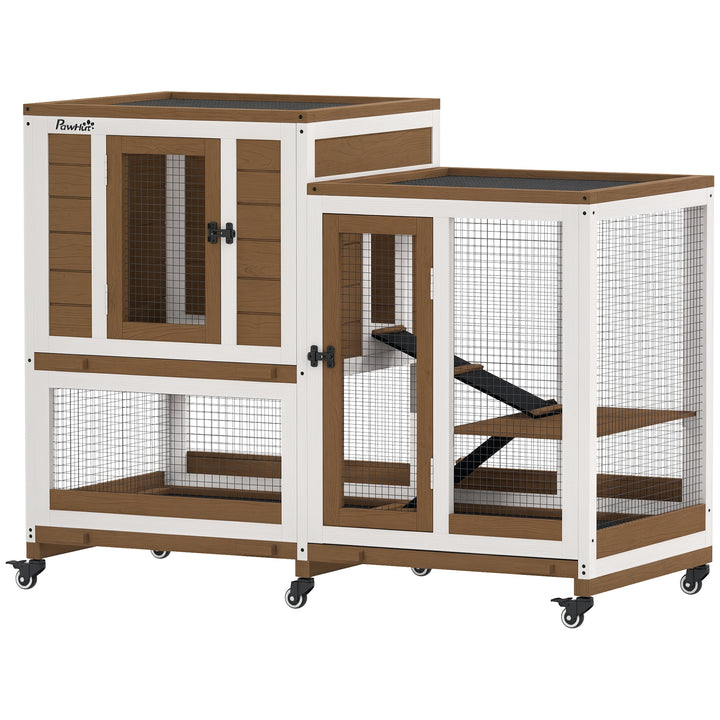 Coelheira de Madeira para Interior Gaiola para Coelhos e Animais Pequenos de 2 Níveis com 6 Rodas 2 Escadas 3 Bandejas Amovíveis e Área Aberta 110x50x86 cm Marrom