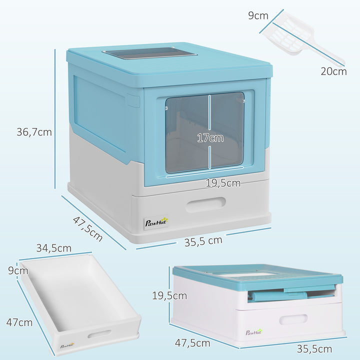 Caixa de Areia para Gatos Dobrável Caixa de Areia para Gatos Fechada com Cobertura Desmontável Bandeja Removível Teto Rebatível Porta de Entrada e Pá 47,5x35,5x36,7cm Azul