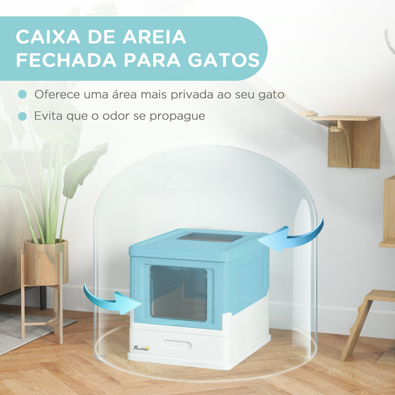 Caixa de Areia para Gatos Dobrável Caixa de Areia para Gatos Fechada com Cobertura Desmontável Bandeja Removível Teto Rebatível Porta de Entrada e Pá 47,5x35,5x36,7cm Azul