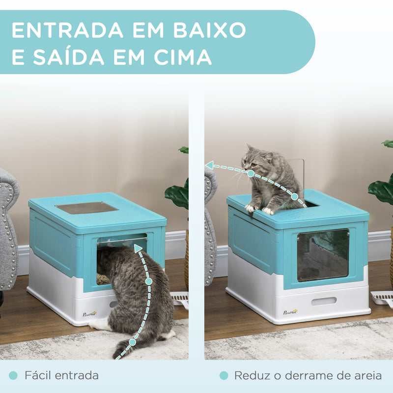 Caixa de Areia para Gatos Dobrável Caixa de Areia para Gatos Fechada com Cobertura Desmontável Bandeja Removível Teto Rebatível Porta de Entrada e Pá 47,5x35,5x36,7cm Azul