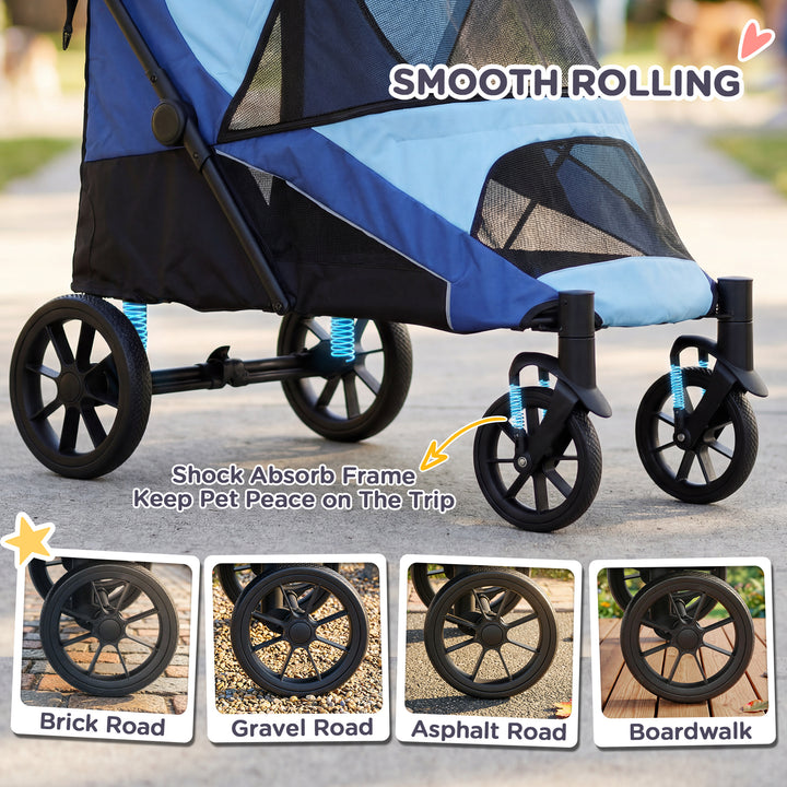 Carrinho para Cães Dobrável Carrinho para Cães Grandes com Rodas Grandes Correias de Segurança Estrutura Amortecedora Almofada Lavável 124x67x100 cm Azul