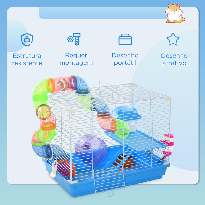 Gaiola para Hámster 46x30x37cm Gaiola para Roedores com Tubos Comedouro Bebedouro Rampa Roda de Exercícios e Alça Portátil para Interior e Exterior Multicor