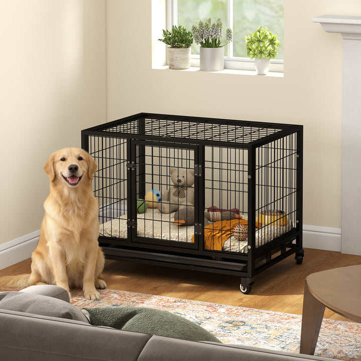 Jaula de Metal para Mascotes tipo Cão Grande com Rodas e Bandejas Removíveis - 92x62x75cm