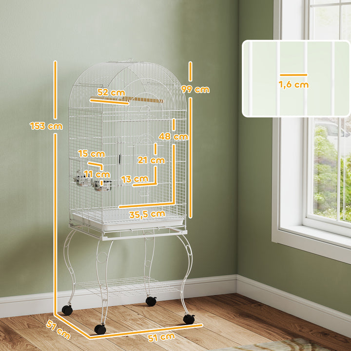 Gaiola para Pássaros com Rodas e Estante 51x51x153 cm Gaiola Grande com Parte Superior Rebatível 2 Comedouros 2 Poleiros 4 Portas e Bandeja Removível para Papagaios e Canários Branco