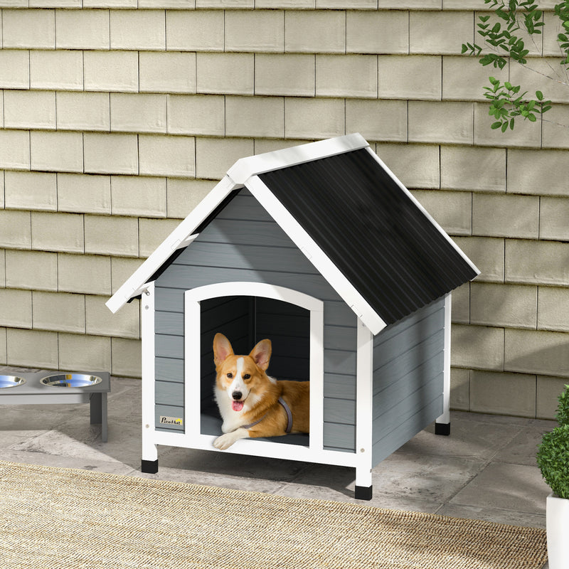 Casota para Cães 75x88x82 cm Casa para Cães de Tamanho Médio com Telhado de Telhas de Imitação Pés Elevados e Chão Removível para Exterior Cinza