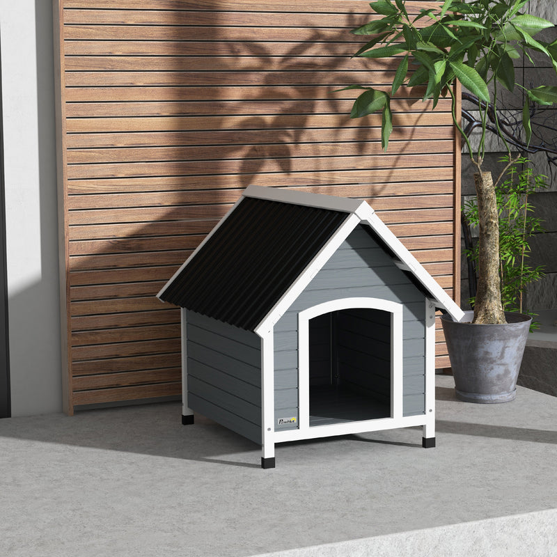 Casota para Cães 75x88x82 cm Casa para Cães de Tamanho Médio com Telhado de Telhas de Imitação Pés Elevados e Chão Removível para Exterior Cinza