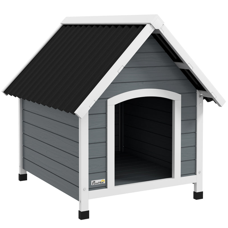 Casota para Cães 75x88x82 cm Casa para Cães de Tamanho Médio com Telhado de Telhas de Imitação Pés Elevados e Chão Removível para Exterior Cinza