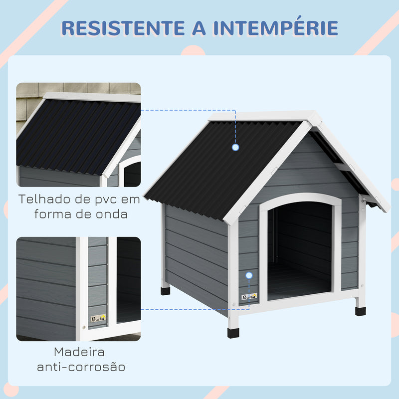 Casota para Cães 75x88x82 cm Casa para Cães de Tamanho Médio com Telhado de Telhas de Imitação Pés Elevados e Chão Removível para Exterior Cinza