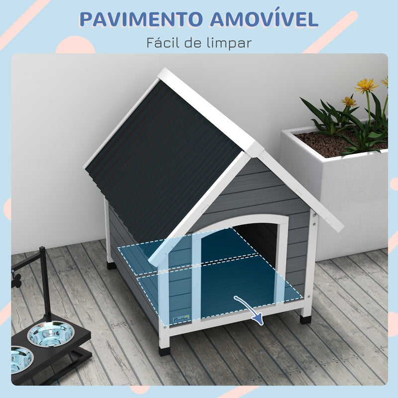 Casota para Cães 75x88x82 cm Casa para Cães de Tamanho Médio com Telhado de Telhas de Imitação Pés Elevados e Chão Removível para Exterior Cinza