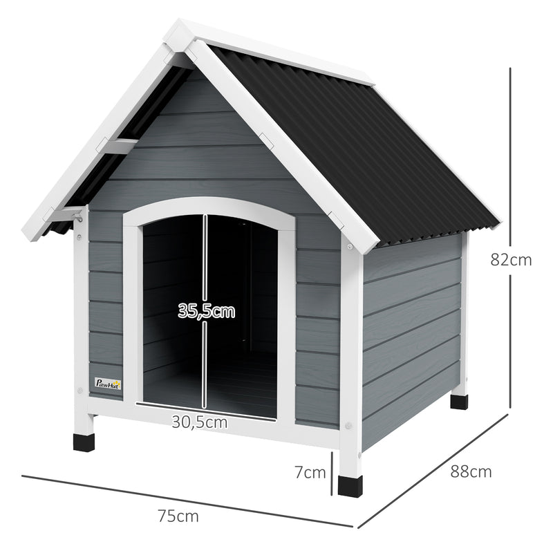 Casota para Cães 75x88x82 cm Casa para Cães de Tamanho Médio com Telhado de Telhas de Imitação Pés Elevados e Chão Removível para Exterior Cinza