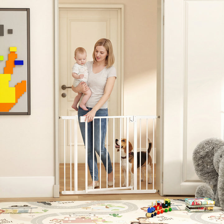 Barreira de Segurança para Crianças e Cães Largura 76-103 cm Porta para Cães Bloqueio Duplo Fecho Automático Abertura em Dois Sentidos para Portas Escadas Montagem por Pressão e Extensões de 7/14 cm Branco