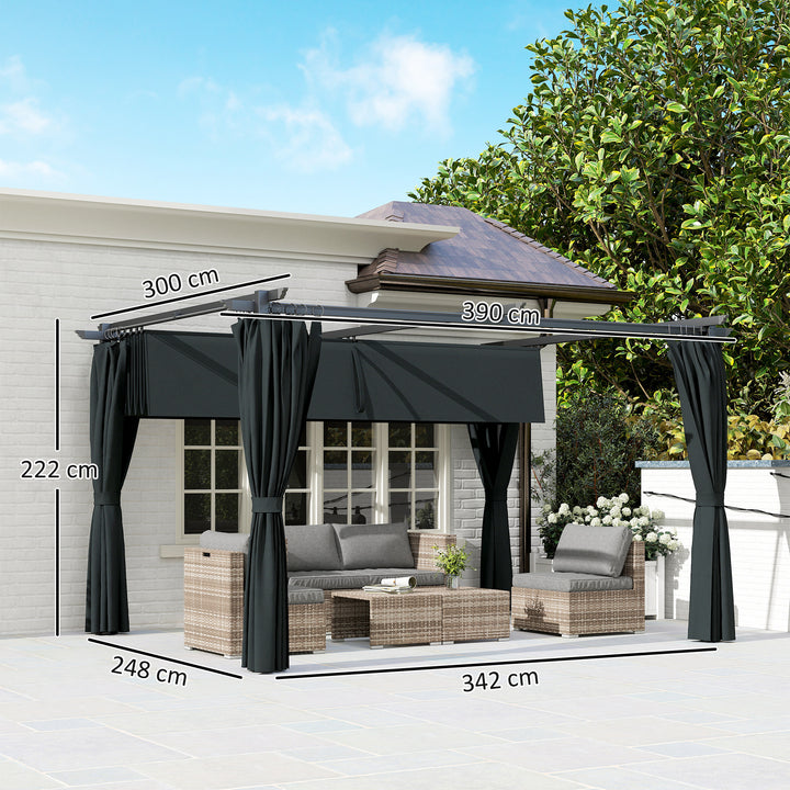 Pérgola com Teto Retrátil 3,9x3x2,2 m Pérgola de Alumínio com Paredes Laterais Tecido de Poliéster Anti UV Resistente a Água Pérgola para Jardim Pátio Cinzento