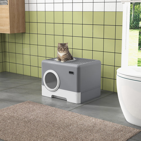 Caixa de Areia para Gatos Sanita para Animais de Estimação com Pá Bandeja Removível 2 Portas Entrada Frontal e Saída Superior 52x41x38,5 cm Cinzento