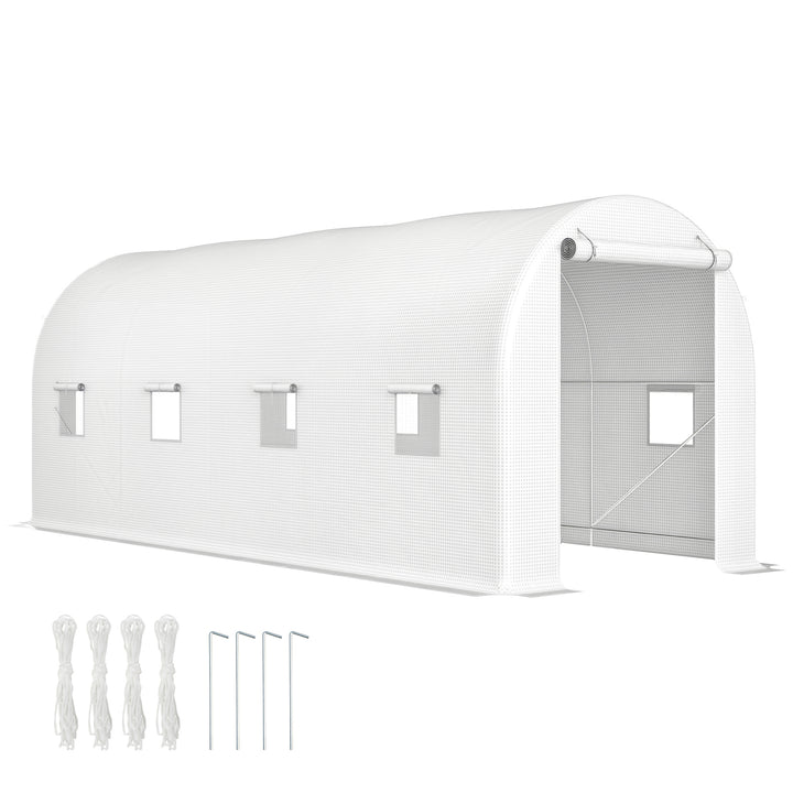 Estufa tipo Túnel 500x200x205 cm Estufa de Jardim com Porta Enrolável e 8 Janelas Cobertura de PE 140 g/m² Estrutura de Metal para Cultivo de Plantas Verduras Branco