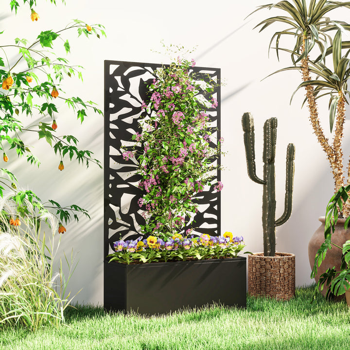 Floreira Exterior Grande de Metal com Painel de Privacidade de Folhas Sólidas Decorativas Floreira de Parede ou Independente para Jardim Terraço 61x23x113 cm Preto