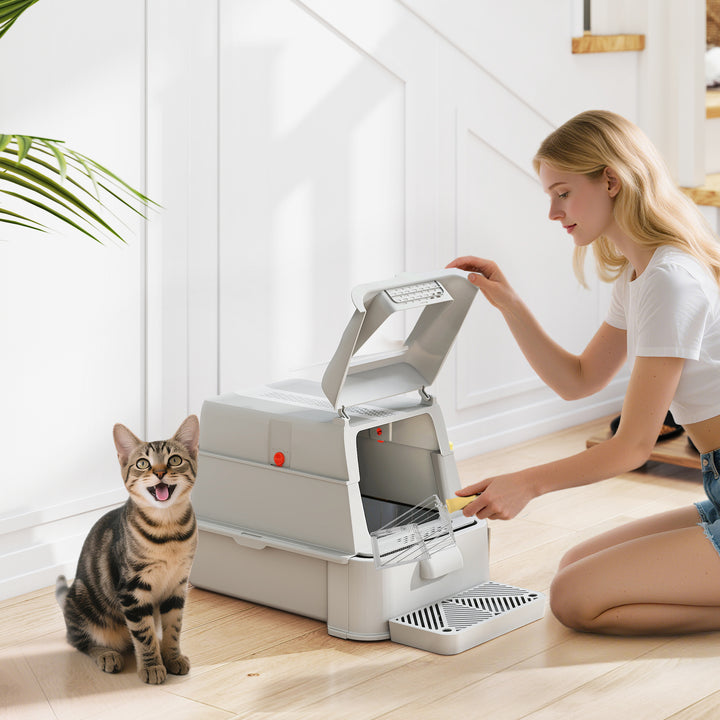 Caixa de Areia para Gatos de Aço Inoxidável XL com Tampa Articulada 180° Laterais Altas Pedal Pá Sem Odores Fácil de Limpar,Antiderrapante 63x43x43 cm Cinza Claro