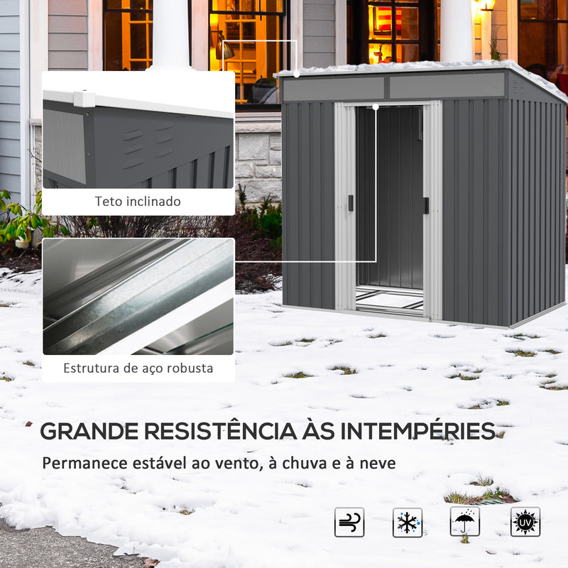 Abrigo de Jardim 2 m² 195x122x181,5 cm Abrigo de Armazenamento Metálico com Porta de Correr 2 Janelas e Anti-UV para Armazenar Ferramentas Pátio Exterior Cinza Escuro