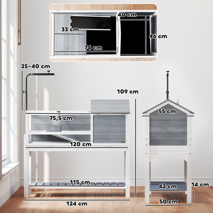 Casa para Tartarugas de Madeira Terrário para Répteis com Suporte para Lâmpada Ajustável Tampas Articuladas Bandeja Removível Prateleira de Armazenamento e Painéis Transparentes 124x55x109 cm Branco e Cinza