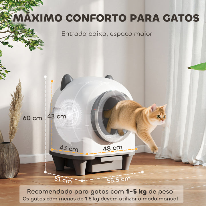 Caixa de Areia Autolimpante para Gatos 80L Caixa de Areia Autolimpante Eliminação de Odores Controlo por APP Proteção de Segurança 1 Rolo de Sacos do Lixo 55,5x51x60 cm Branco