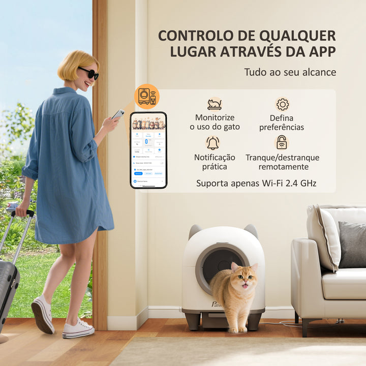 Caixa de Areia Autolimpante para Gatos 80L Caixa de Areia Autolimpante Eliminação de Odores Controlo por APP Proteção de Segurança 1 Rolo de Sacos do Lixo 55,5x51x60 cm Branco