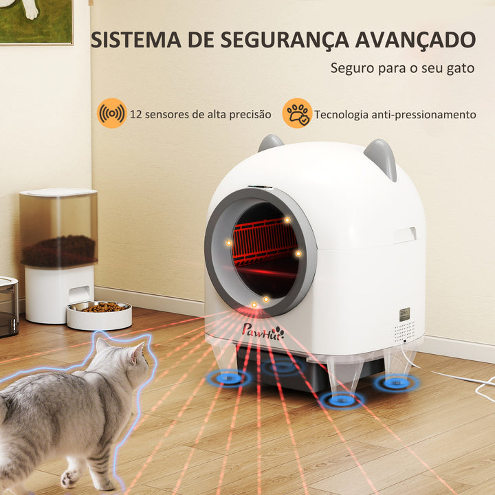 Caixa de Areia Autolimpante para Gatos 80L Caixa de Areia Autolimpante Eliminação de Odores Controlo por APP Proteção de Segurança 1 Rolo de Sacos do Lixo 55,5x51x60 cm Branco