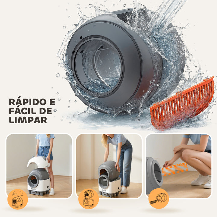 Caixa de Areia Autolimpante para Gatos 80L Caixa de Areia Autolimpante Eliminação de Odores Controlo por APP Proteção de Segurança 1 Rolo de Sacos do Lixo 55,5x51x60 cm Branco