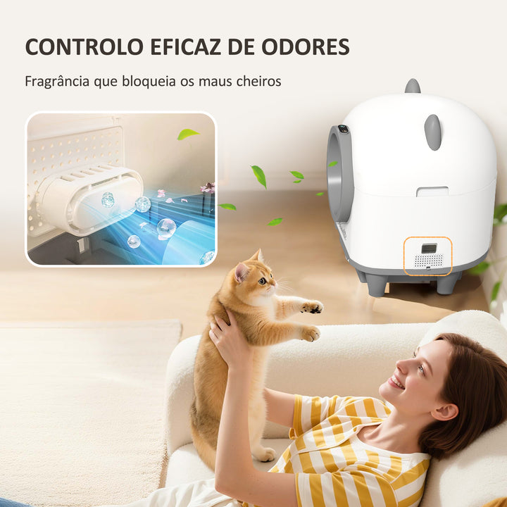 Caixa de Areia Autolimpante para Gatos 80L Caixa de Areia Autolimpante Eliminação de Odores Controlo por APP Proteção de Segurança 1 Rolo de Sacos do Lixo 55,5x51x60 cm Branco
